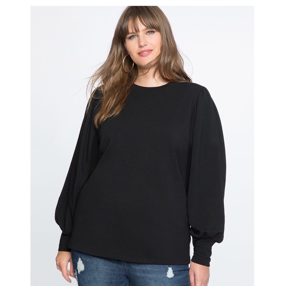 Eloquii Puff Sleeve Black Shirt, Plus Size